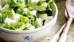 Groene salade met venkel, lente-ui, dille en feta