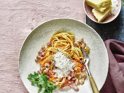 Wortelspaghetti carbonara