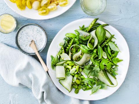 Groene salade van tuinbonen, peultjes, komkommer en kruidendressing