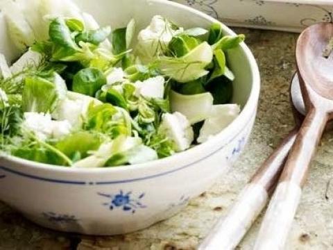 Groene salade met venkel, lente-ui, dille en feta
