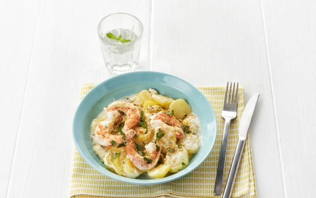 Carrefour market suggestie van de dag: Ovenschotel met aardappelen, prei en scampi