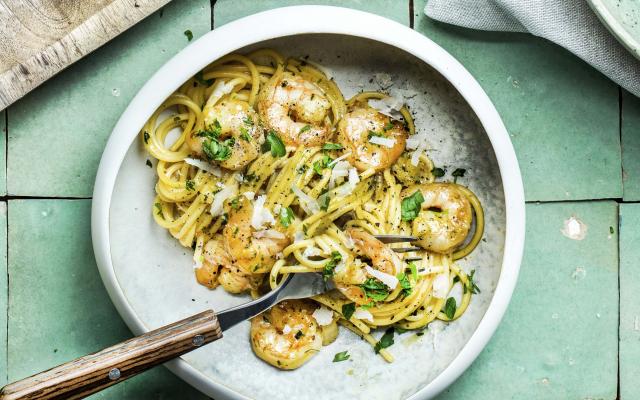 Spaghettis carbonara aux scampis