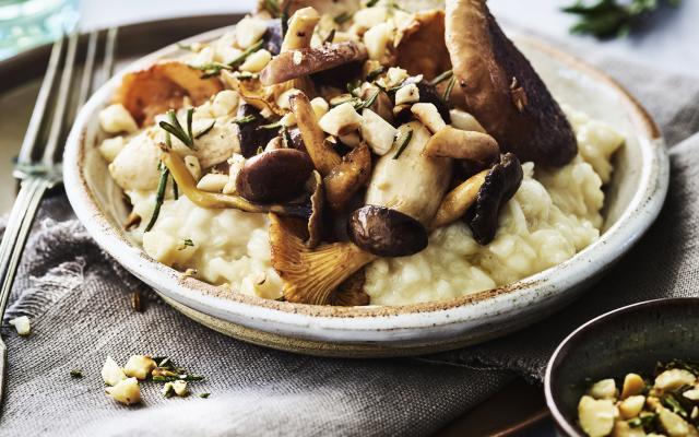 Risotto met boschampignons en rozemarijn-amandelcrunch