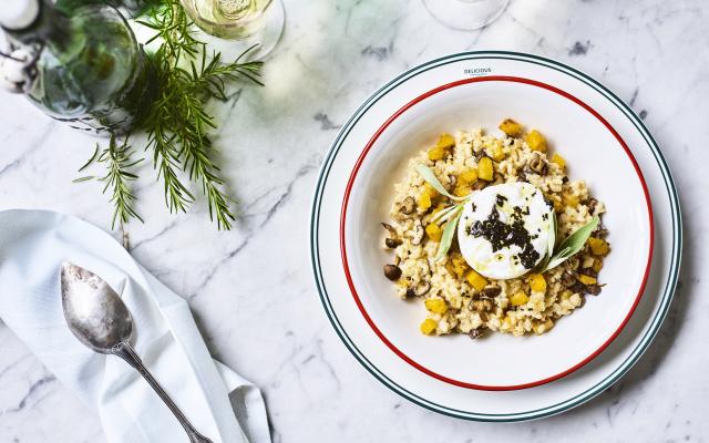 Risotto met pompoen, shiitakes en burrata