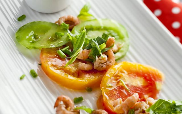 Carpaccio de tomates aux crevettes