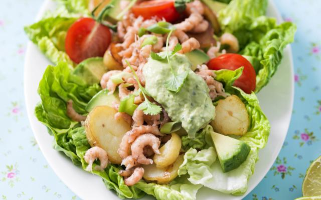 Aardappelsalade met Noordzeegarnaal en avocado