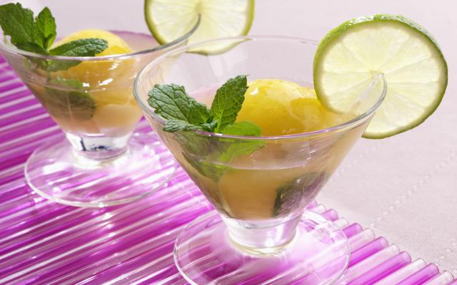 Salade de fruits, sorbet à la mangue