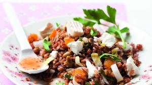 Salade van rode rijst met witloof, zonnebloempitten en abrikozen