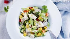 Ceviche van zeebaars met komkommer en groene paprika