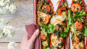 Gevulde paprika met spinazie en scampi's