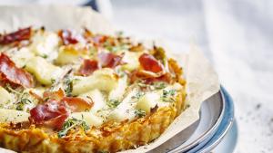 Quiche berloumi, prosciutto, zoete aardappel en witloof