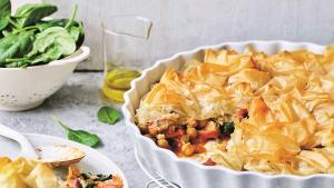 Marokkaanse filopastei  met kikkererwten, geroosterde paprika en feta