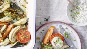 Gegrilde zomergroenten met cottage cheese en pistachenoten