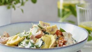 Ravioli met pancetta en champignon-spinaziesaus