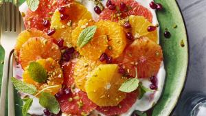 Citruscarpaccio met mascarponeroom en karamel