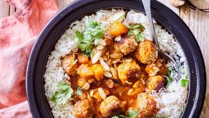 Pompoen tikka masala met gehakt en rijst