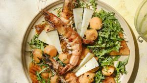 Salade met meloen, manchego en gamba‘s