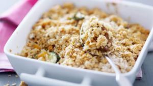 Crumble van lamsvlees met courgette en rijst