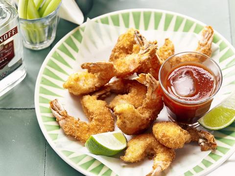 Krokante scampi's met 'bloody mary' dipsaus