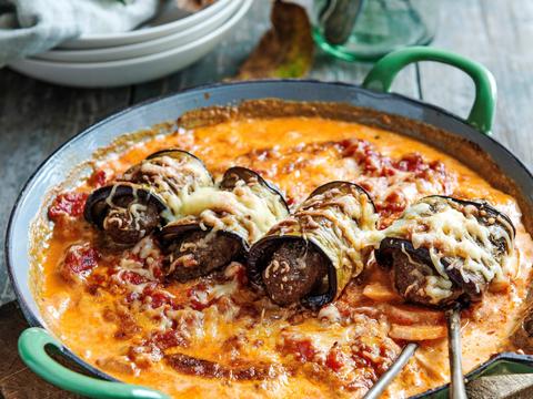 Auberginerolletjes met zoete aardappel