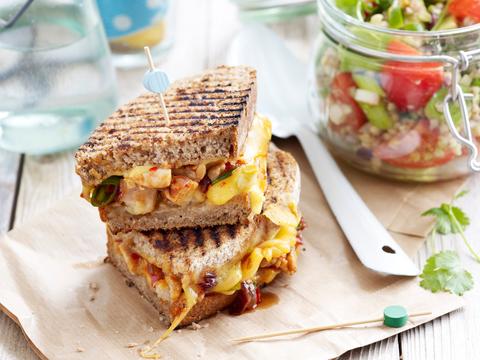 Barbecue-chicken-grilled-cheese sandwich