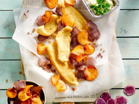 Fish & chips van violette- en zoete aardappel