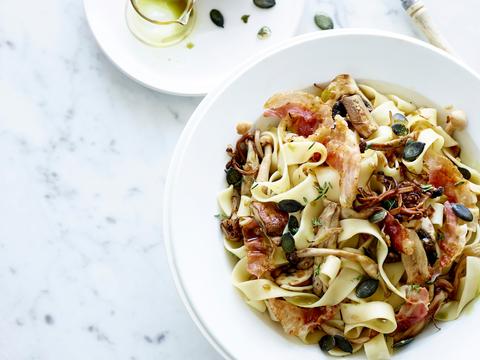 Pappardelle met champignons en pancetta