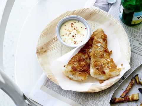 Fish & chips 'kokosstyle' met auberginefrietjes