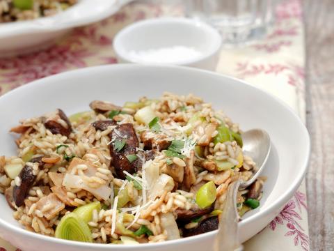 Risotto met prei en bospaddenstoelen