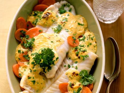 ovenschotel met koolvis en mosterdsaus