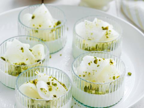 Panna cotta met pistaches en meloen