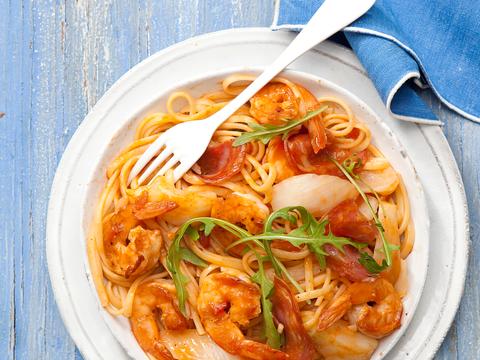 Pasta met scampi en wodkasaus