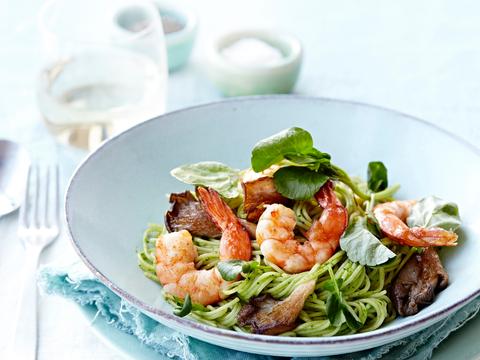 Spaghetti met waterkers en scampi’s