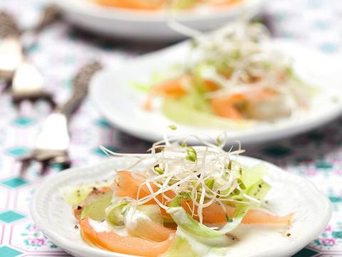 Hapje van komkommer en zalm