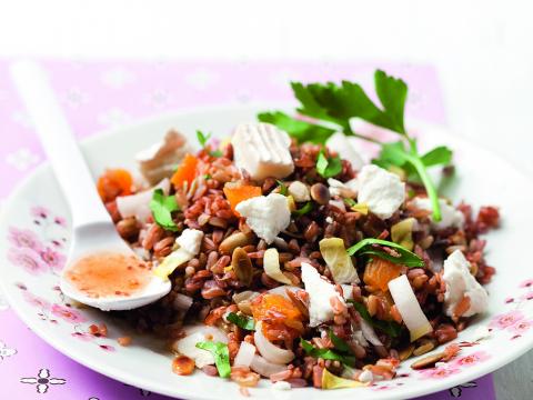 Salade van rode rijst met witloof, zonnebloempitten en abrikozen