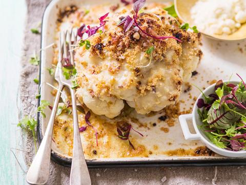 Gegratineerde bloemkool met bacon en parmezaankorst