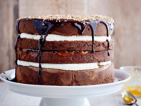 Chocoladetaart met rum, slagroom en abrikoos