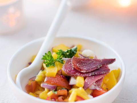 Mangosalsa met gerookte eend