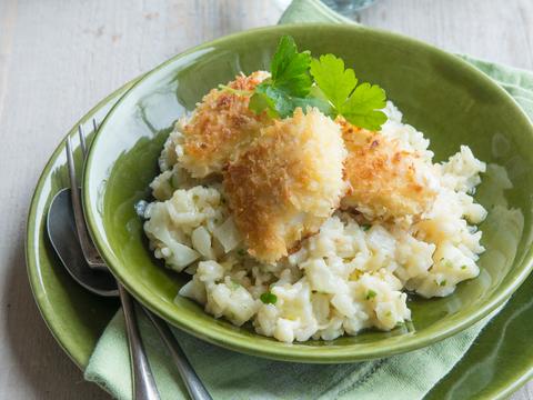 Bloemkoolrisotto met homemade fishsticks