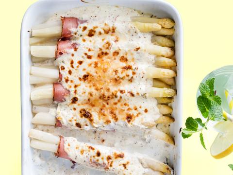 Ovenschotel van asperges in ham