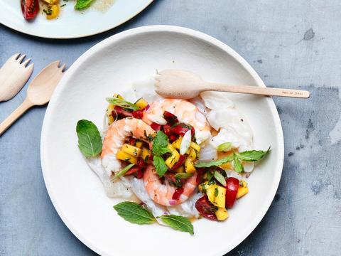 Ceviche met witte vis en garnalen
