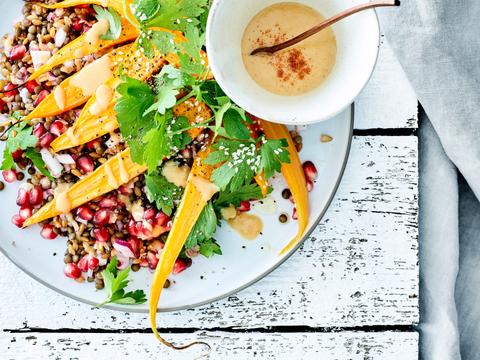 Linzensalade met geroosterde wortel