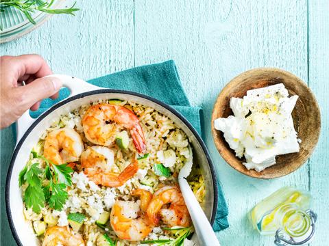 Scampi’s met risotto van bruine rijst, courgette en feta