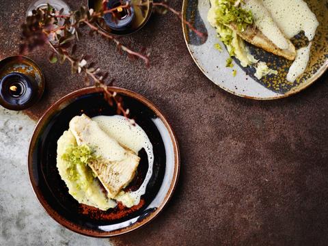 Zeewolf met biermousseline en preipuree