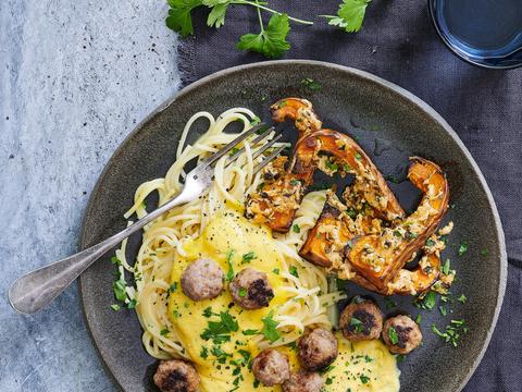 Spaghetti met balletjes en pompoencrème