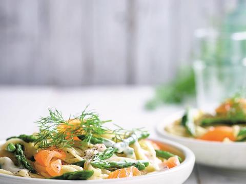 Pasta met gerookte zalm en groene asperges