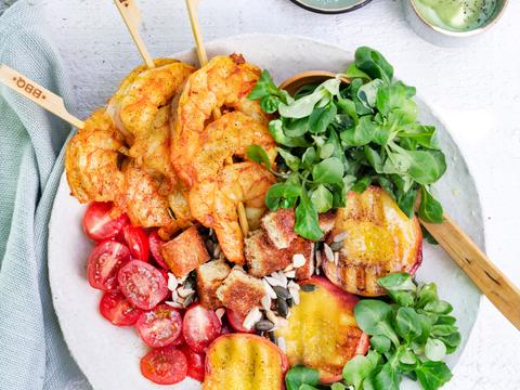 Scampispiesjes met gegrilde perzik