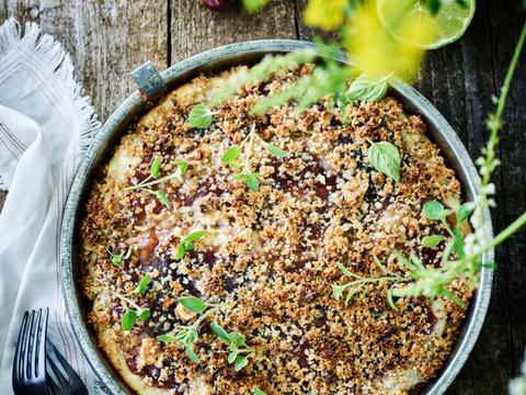 Vijgen-peer-crumbletaart met ricotta