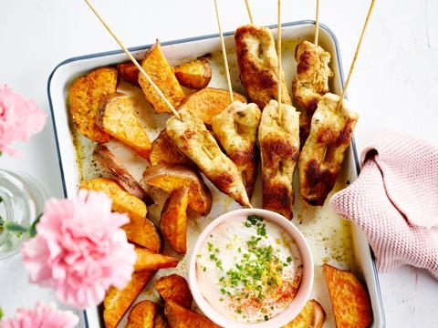 Kalkoenspiesjes met geroosterde zoete aardappel