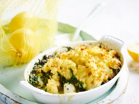 Ovenschotel met vis, spinazieroomsaus en puree